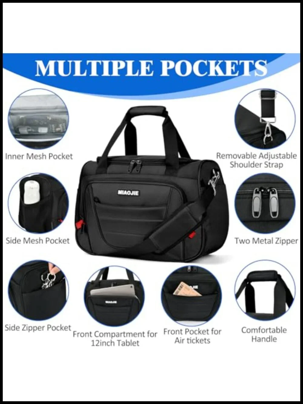 Travel Duffel Bag Airplane Carry On Personal Item Gym Bag 16in Black 23L